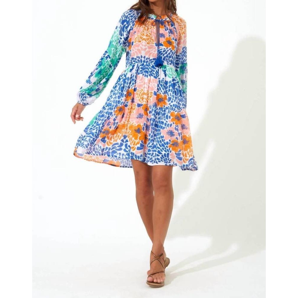 Oliphant Antigua Blue Balloon Sleeve Short Dress Cotton Silk Floral Mini XS NEW